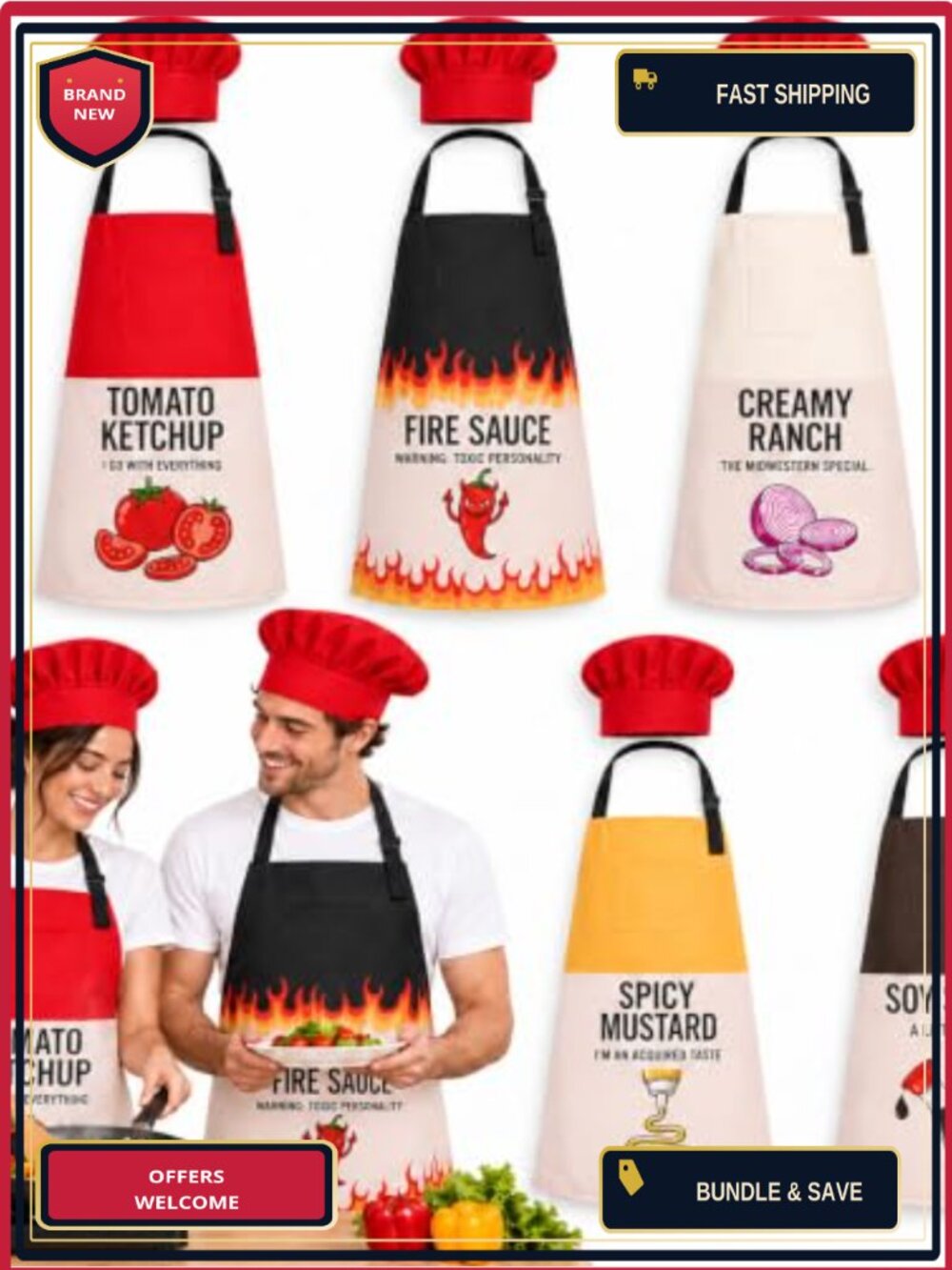 5 Pack Condiment Group Costume Aprons & Chef Hats Adult Halloween Set